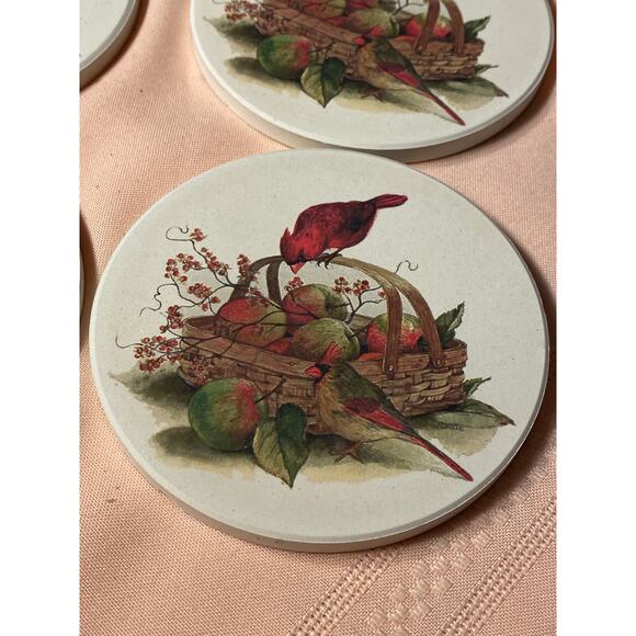 CoasterStone Set of 4 Drink Coasters Pair of Cardinal Birds on Apple Basket NIB - Picture 8 of 12